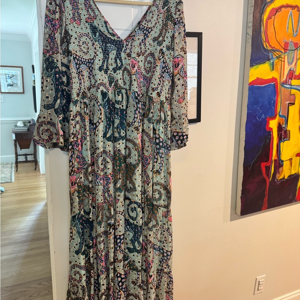 Oliphant Multicolor Monkey Maxi Dress Smocked & Shimmery
